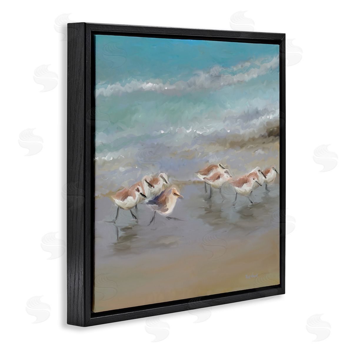 Rick Novak Coastal Sandpipers Beach Waves Shore Black Floating Frame Canvas Wall Art Print