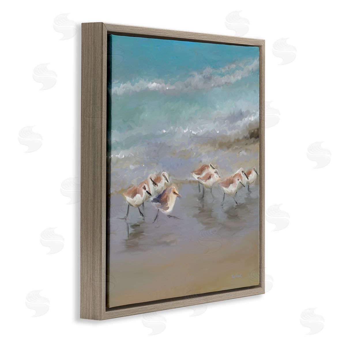 Rick Novak Coastal Sandpipers Beach Waves Shore Brown Floating Frame Canvas Wall Art Print