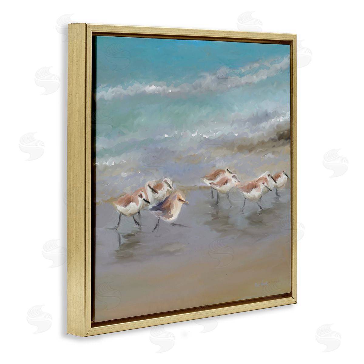 Rick Novak Coastal Sandpipers Beach Waves Shore Gold Floating Frame Canvas Wall Art Print