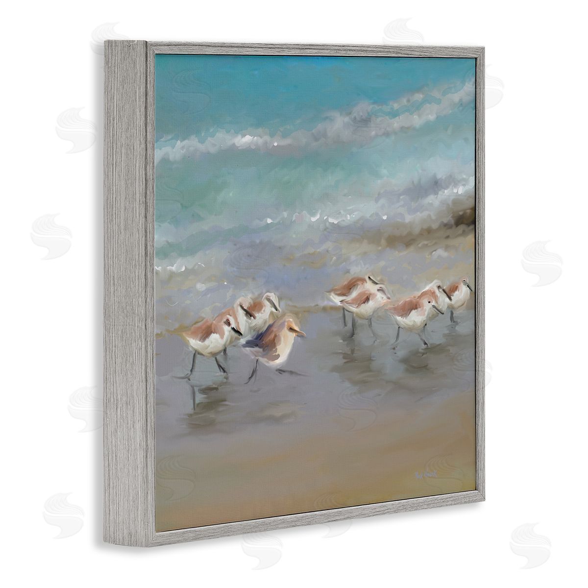 Rick Novak Coastal Sandpipers Beach Waves Shore Gray Framed Glicee Wall Art Print