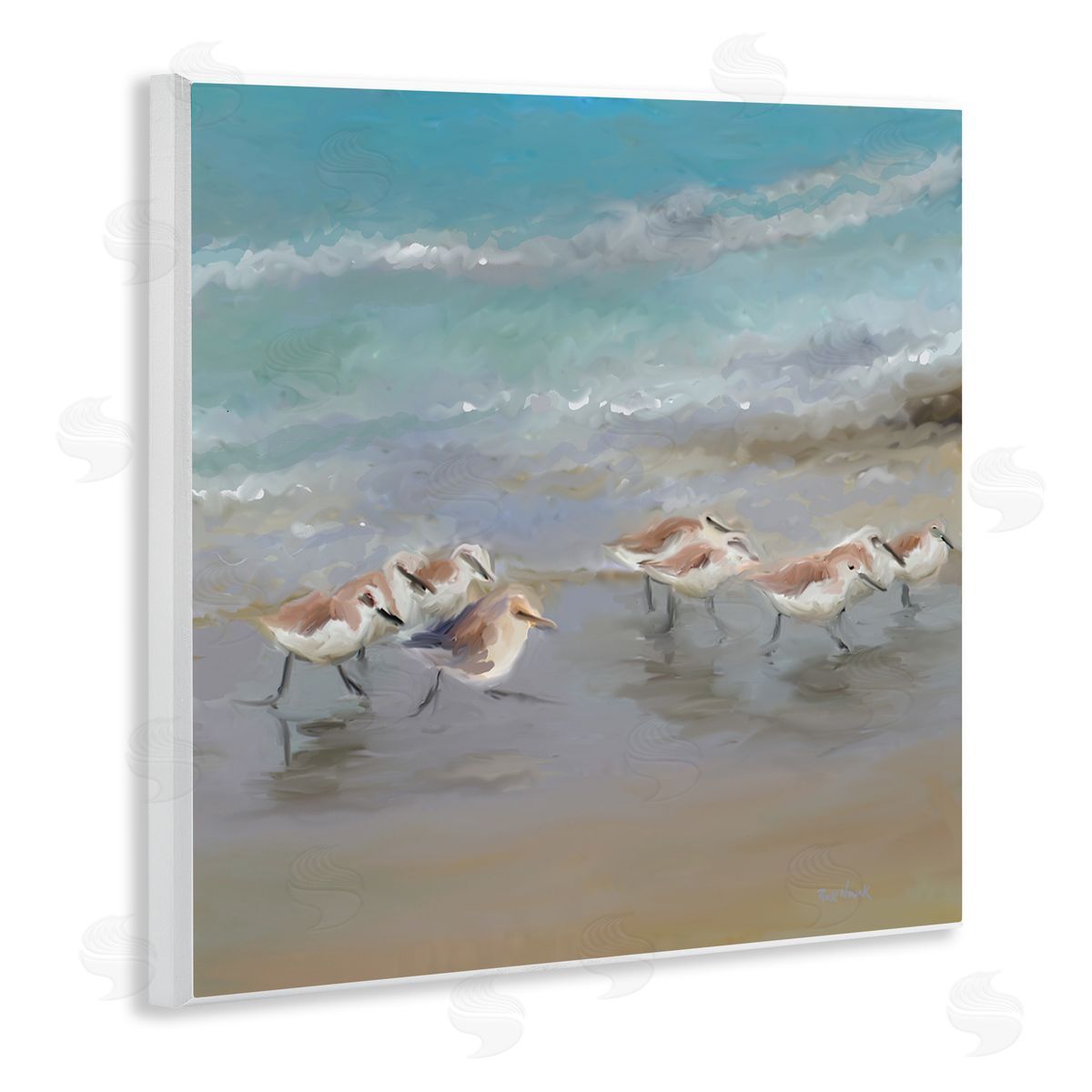 Rick Novak Coastal Sandpipers Beach Waves Shore Wooden Wall Plaque Art Print