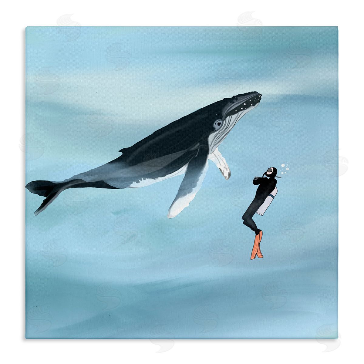 Ashley Singleton Underwater Scuba Diver & Whale Friends Stretched Canvas Wall Art Print