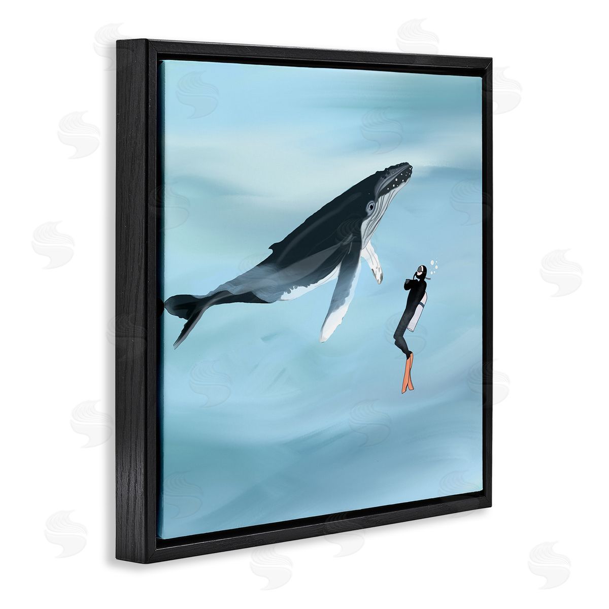 Ashley Singleton Underwater Scuba Diver & Whale Friends Black Floating Frame Canvas Wall Art Print