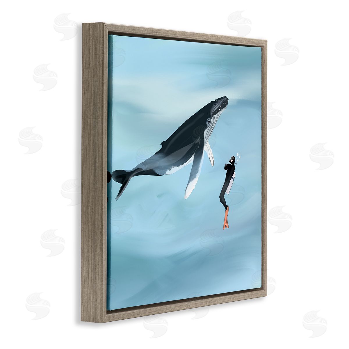 Ashley Singleton Underwater Scuba Diver & Whale Friends Brown Floating Frame Canvas Wall Art Print
