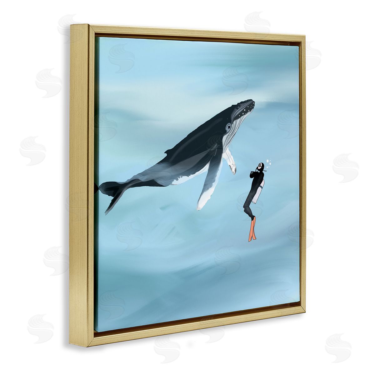 Ashley Singleton Underwater Scuba Diver & Whale Friends Gold Floating Frame Canvas Wall Art Print