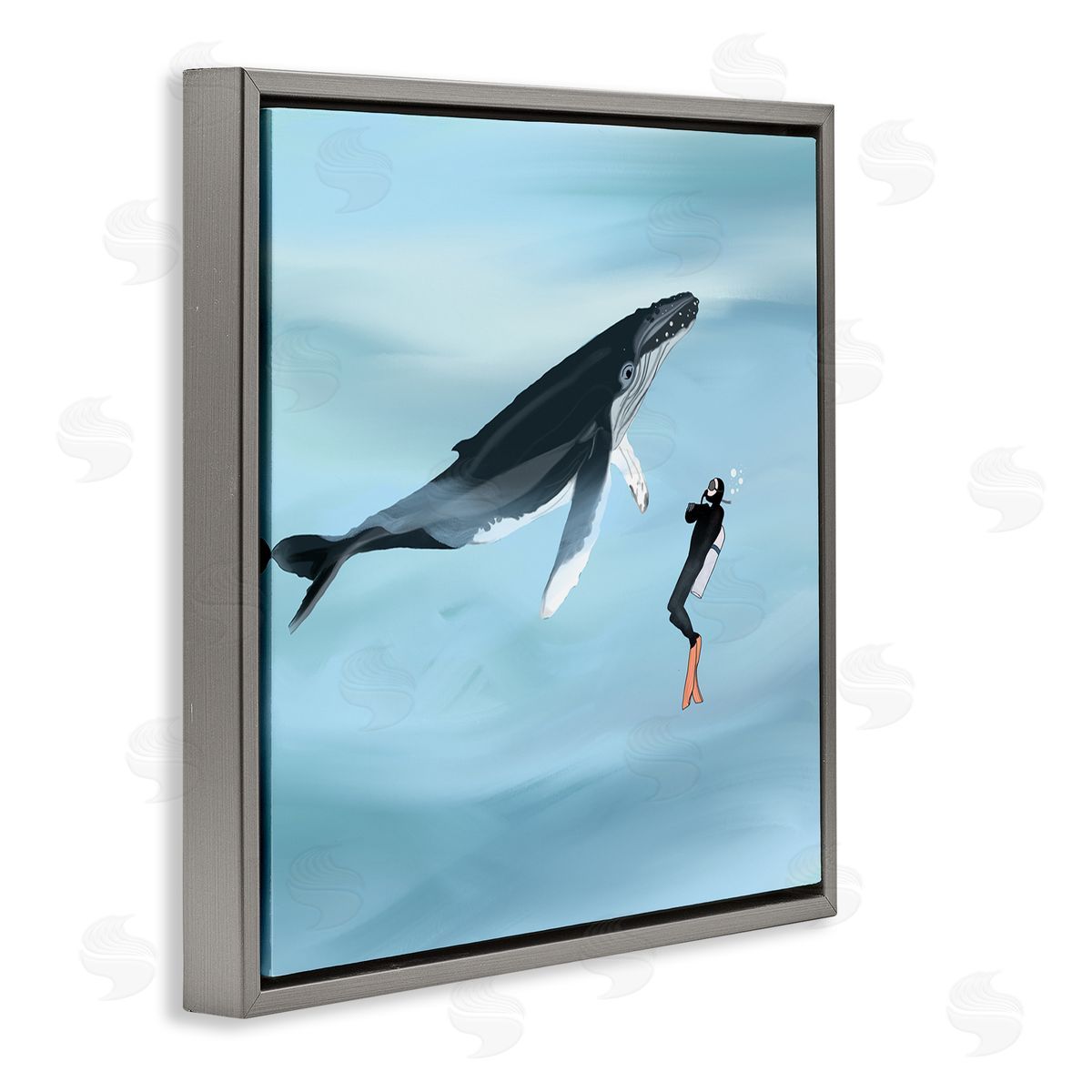 Ashley Singleton Underwater Scuba Diver & Whale Friends Gray Floating Frame Canvas Wall Art Print