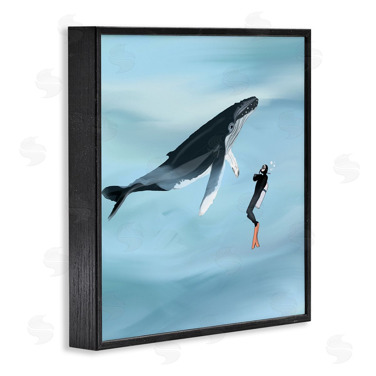 Ashley Singleton Underwater Scuba Diver & Whale Friends Black Framed Glicee Wall Art Print