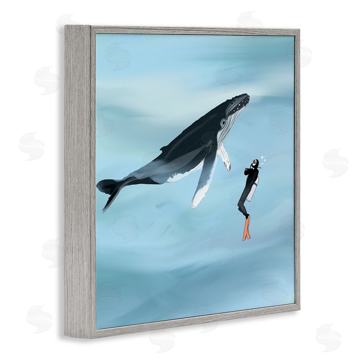 Ashley Singleton Underwater Scuba Diver & Whale Friends Gray Framed Glicee Wall Art Print