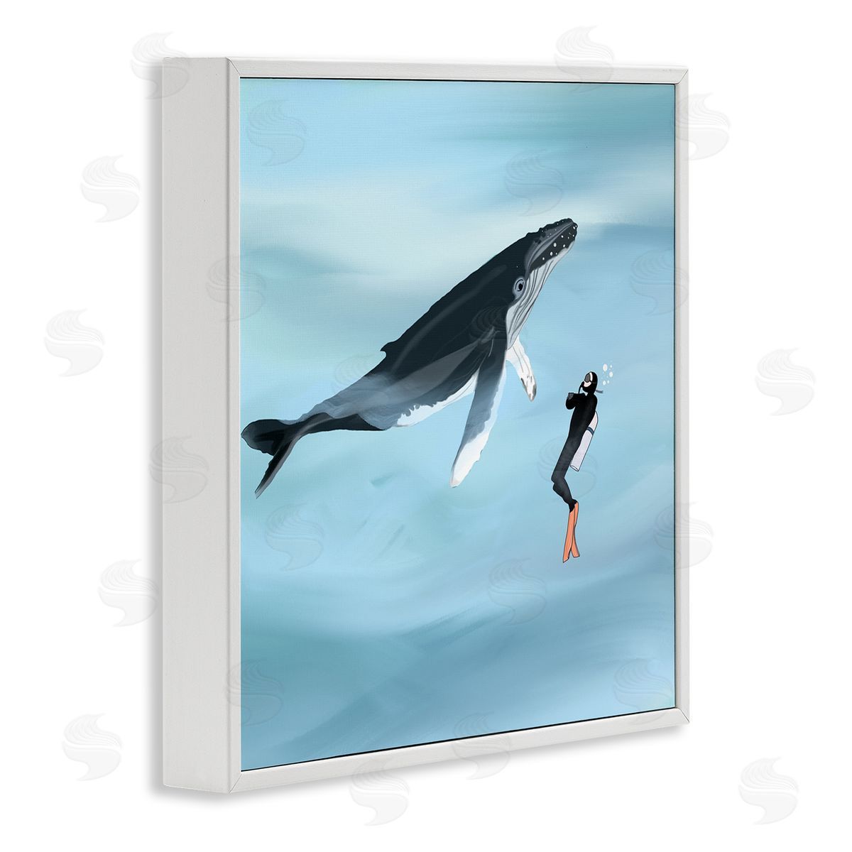 Ashley Singleton Underwater Scuba Diver & Whale Friends White Framed Glicee Wall Art Print