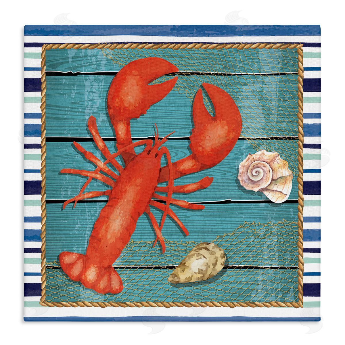 Nicole DeCamp Lobster & Shells Coastal Stripes Stretched Canvas Wall Art Print