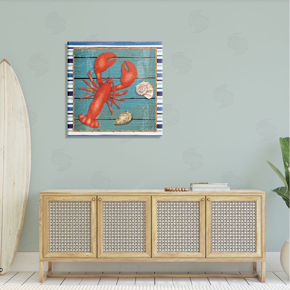 Nicole DeCamp Lobster & Shells Coastal Stripes Canvas Wall Art in Room