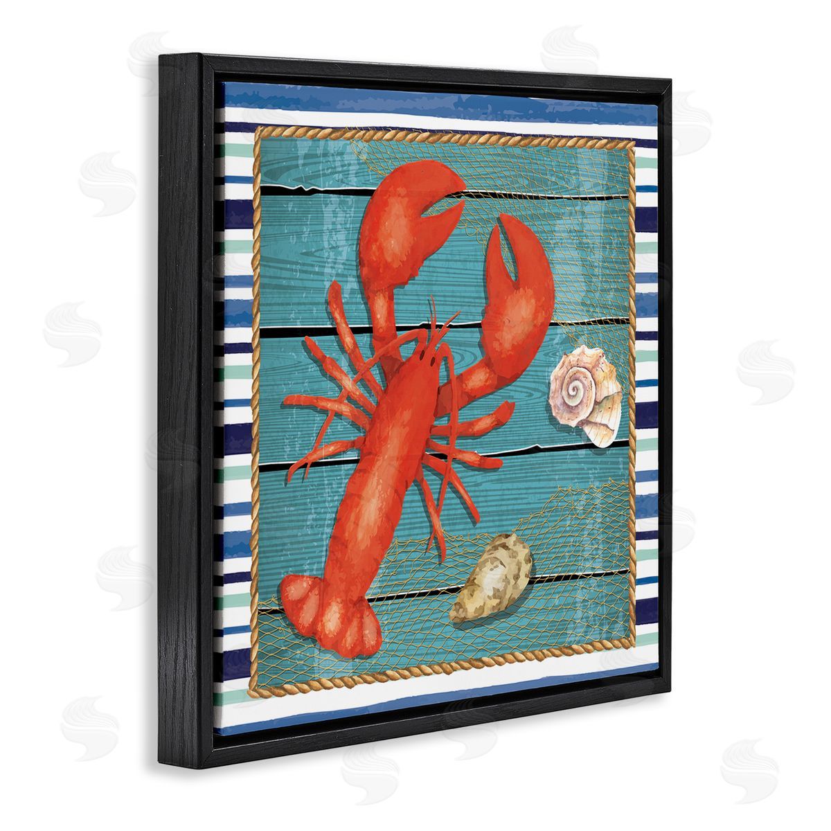 Nicole DeCamp Lobster & Shells Coastal Stripes Black Floating Frame Canvas Wall Art Print
