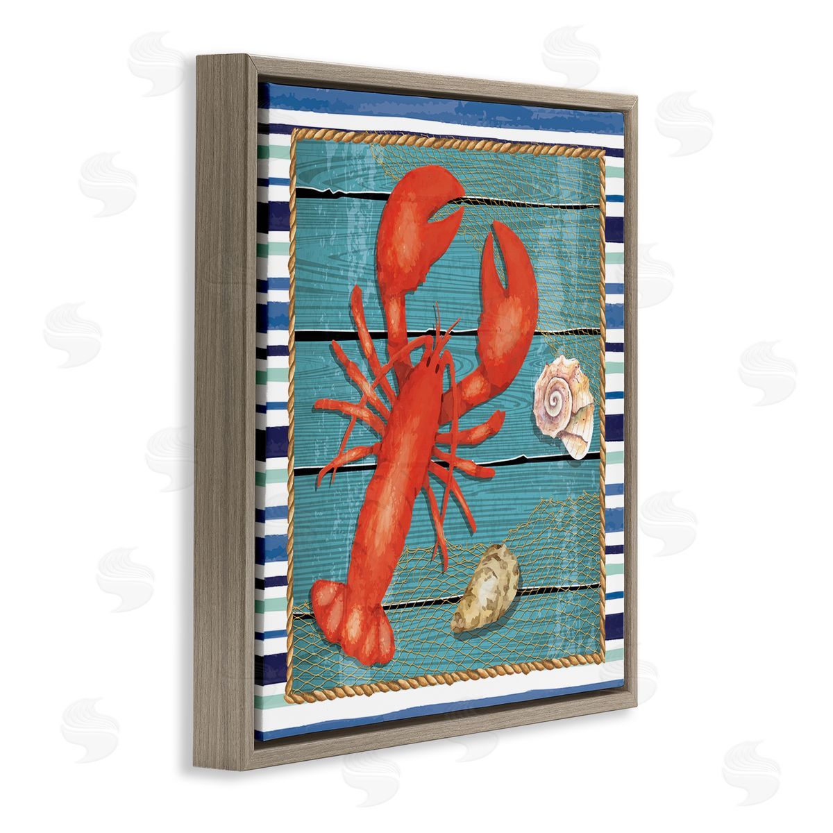 Nicole DeCamp Lobster & Shells Coastal Stripes Brown Floating Frame Canvas Wall Art Print
