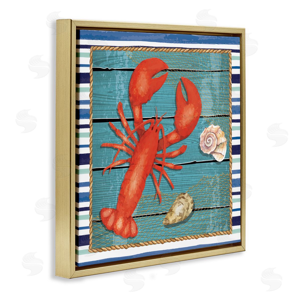 Nicole DeCamp Lobster & Shells Coastal Stripes Gold Floating Frame Canvas Wall Art Print