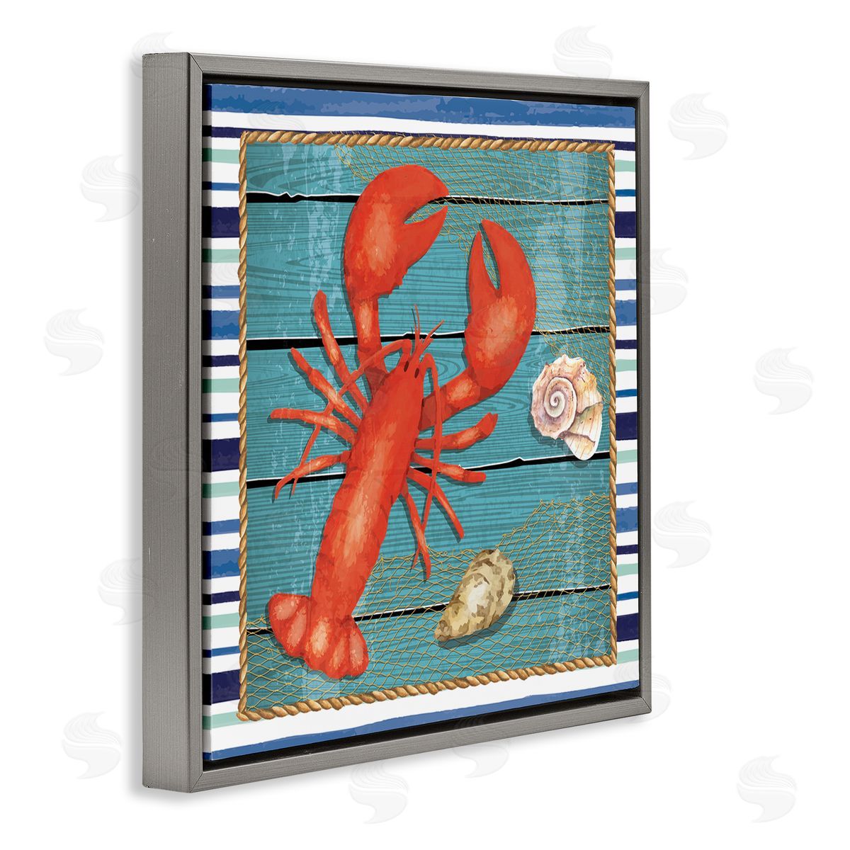 Nicole DeCamp Lobster & Shells Coastal Stripes Gray Floating Frame Canvas Wall Art Print