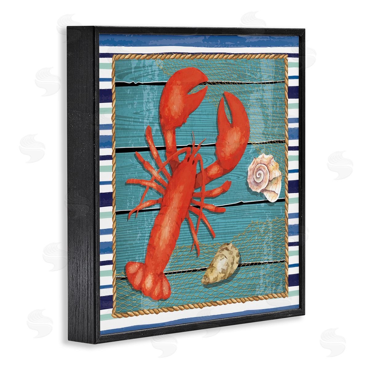 Nicole DeCamp Lobster & Shells Coastal Stripes Black Framed Glicee Wall Art Print