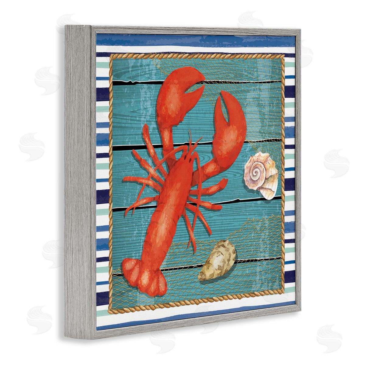 Nicole DeCamp Lobster & Shells Coastal Stripes Gray Framed Glicee Wall Art Print