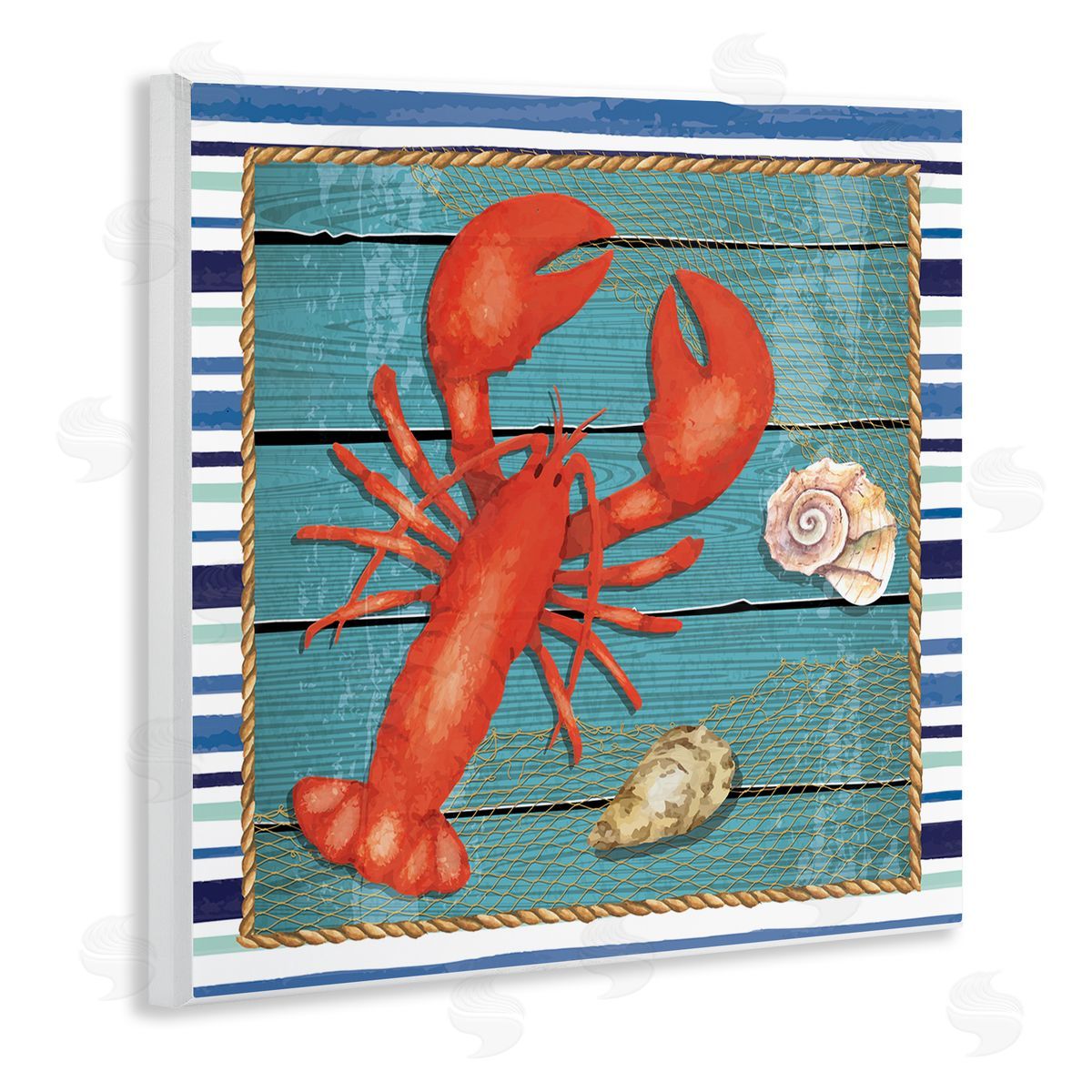 Nicole DeCamp Lobster & Shells Coastal Stripes Wooden Wall Plaque Art Print