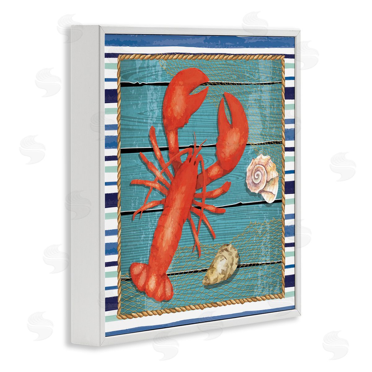 Nicole DeCamp Lobster & Shells Coastal Stripes White Framed Glicee Wall Art Print