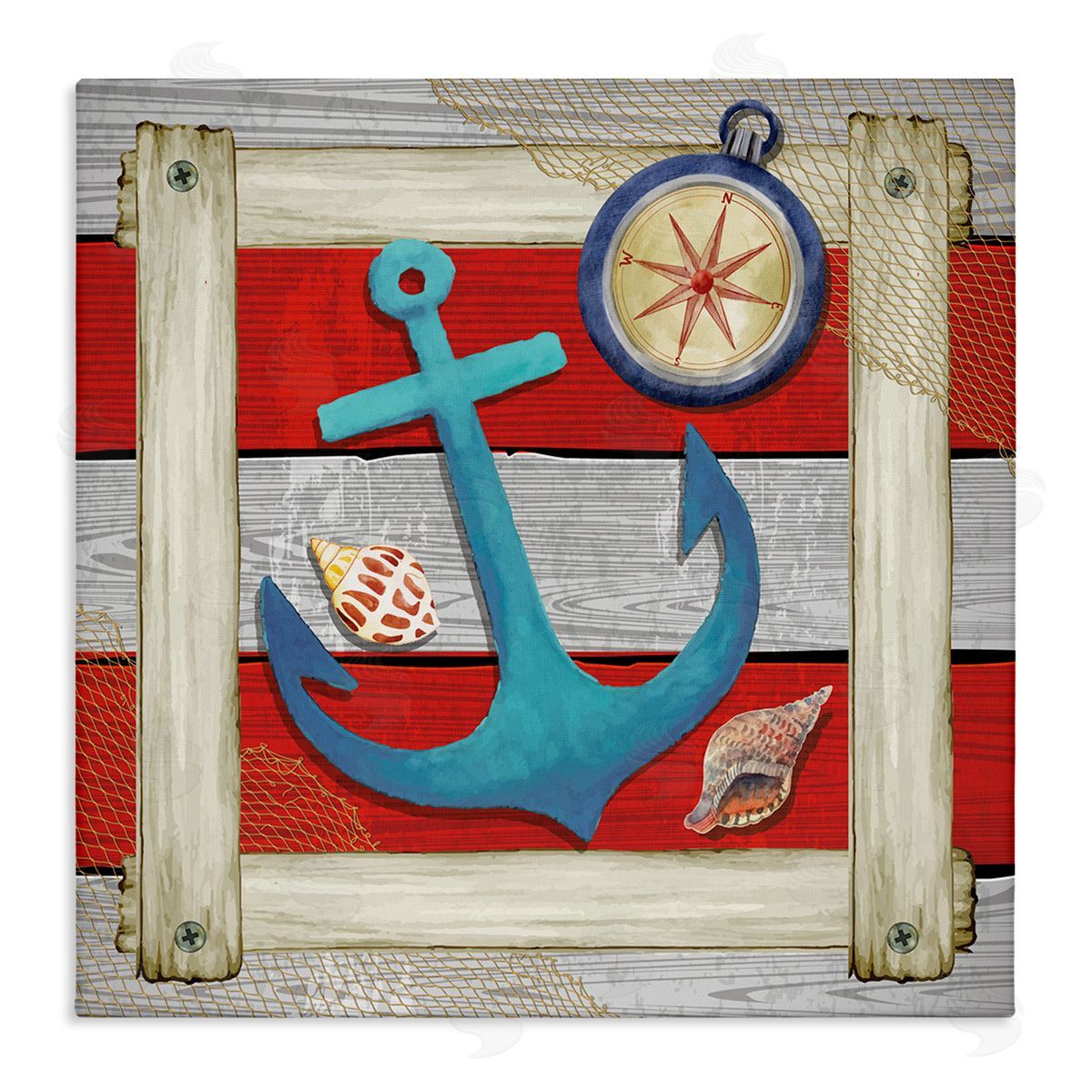 Nicole DeCamp Maritime Anchor Compass Stripes Stretched Canvas Wall Art Print