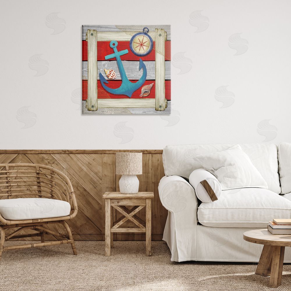 Nicole DeCamp Maritime Anchor Compass Stripes Canvas Wall Art in Room