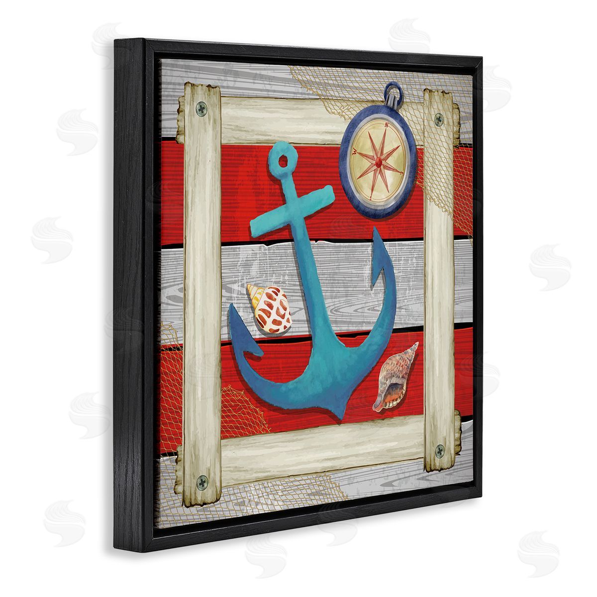 Nicole DeCamp Maritime Anchor Compass Stripes Black Floating Frame Canvas Wall Art Print