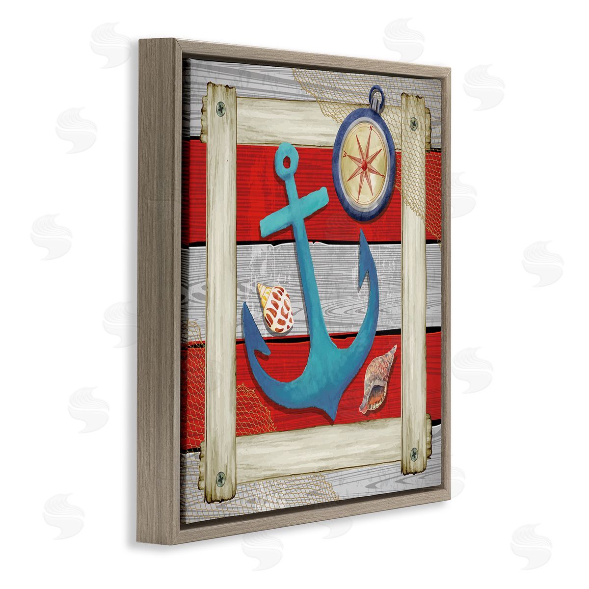 Nicole DeCamp Maritime Anchor Compass Stripes Brown Floating Frame Canvas Wall Art Print