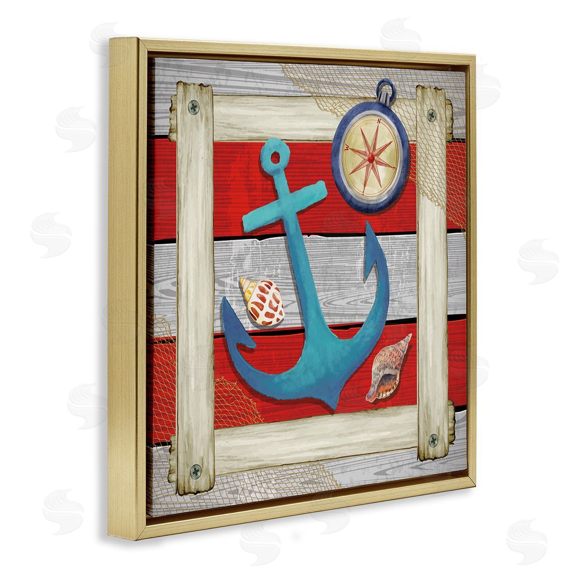 Nicole DeCamp Maritime Anchor Compass Stripes Gold Floating Frame Canvas Wall Art Print