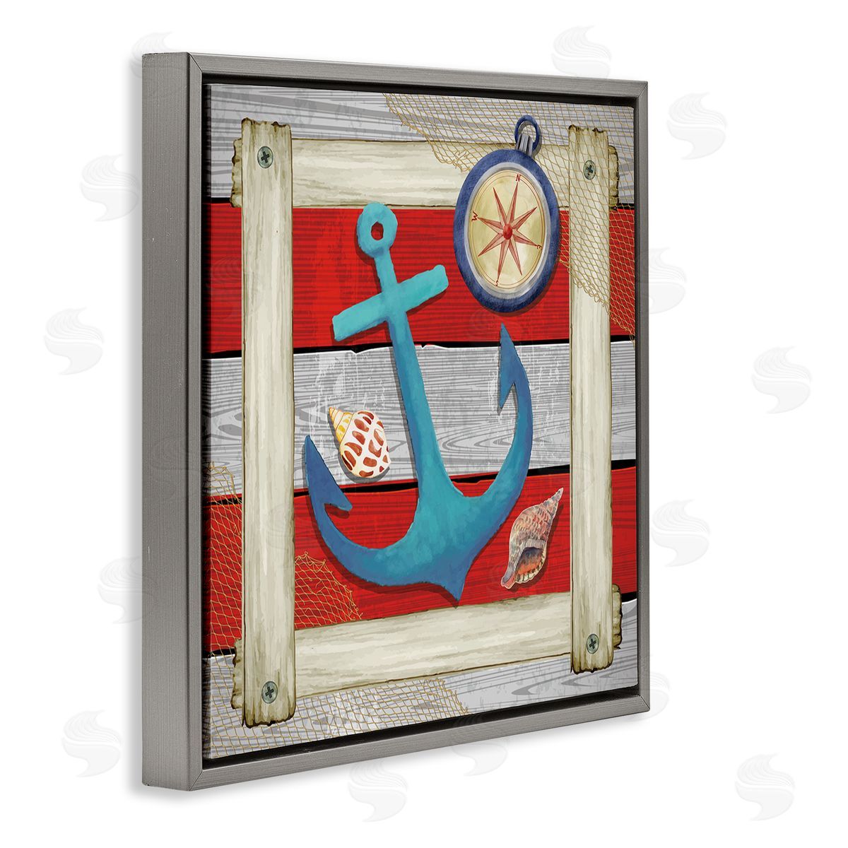 Nicole DeCamp Maritime Anchor Compass Stripes Gray Floating Frame Canvas Wall Art Print