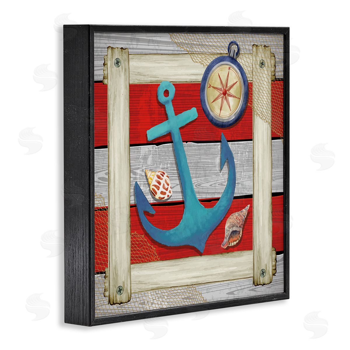 Nicole DeCamp Maritime Anchor Compass Stripes Black Framed Glicee Wall Art Print