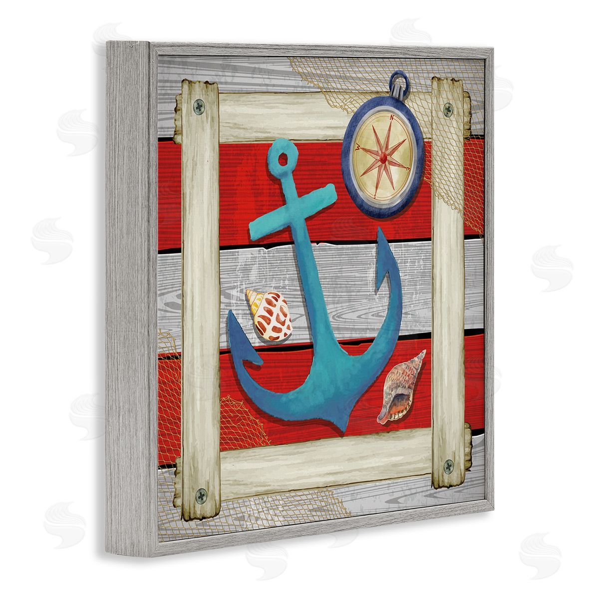 Nicole DeCamp Maritime Anchor Compass Stripes Gray Framed Glicee Wall Art Print