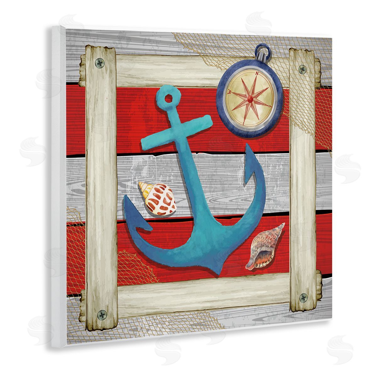 Nicole DeCamp Maritime Anchor Compass Stripes Wooden Wall Plaque Art Print