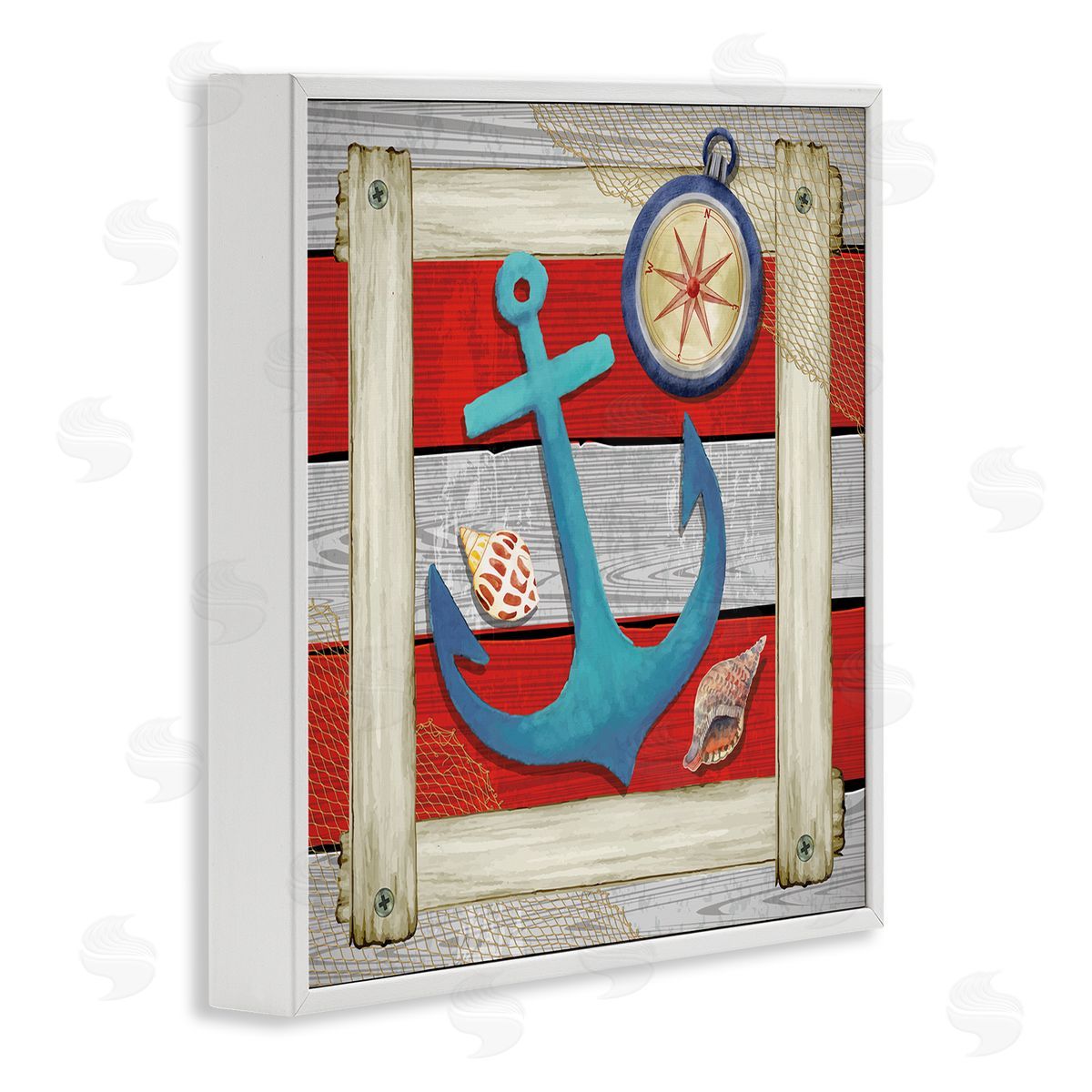 Nicole DeCamp Maritime Anchor Compass Stripes White Framed Glicee Wall Art Print