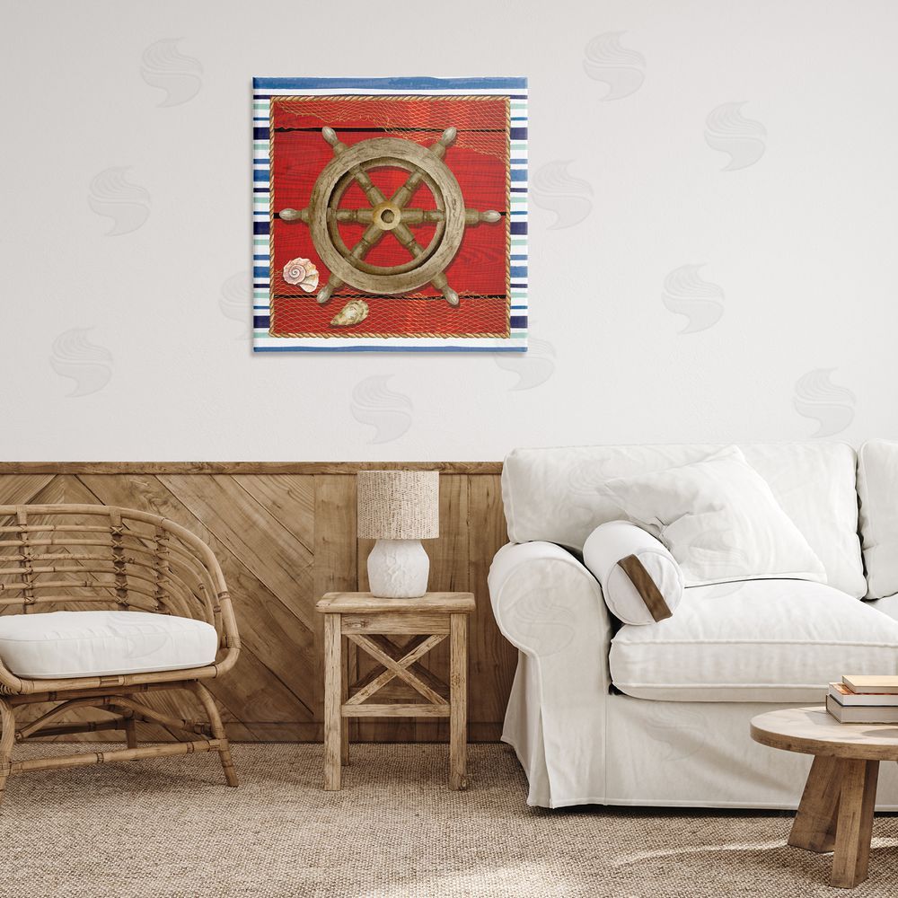 Nicole DeCamp Nautical Boat Helm Striped Maritime Canvas Wall Art in Room