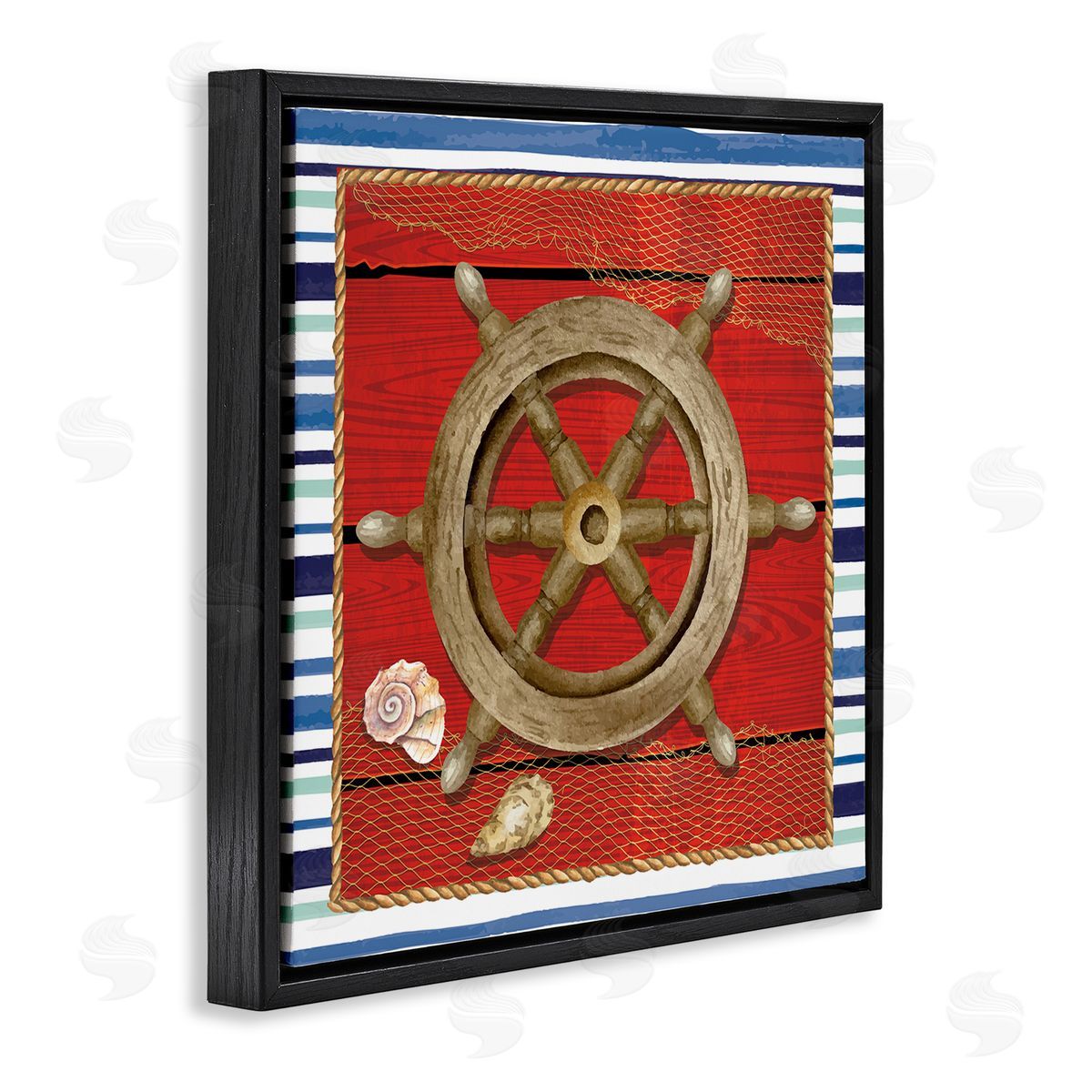 Nicole DeCamp Nautical Boat Helm Striped Maritime Black Floating Frame Canvas Wall Art Print