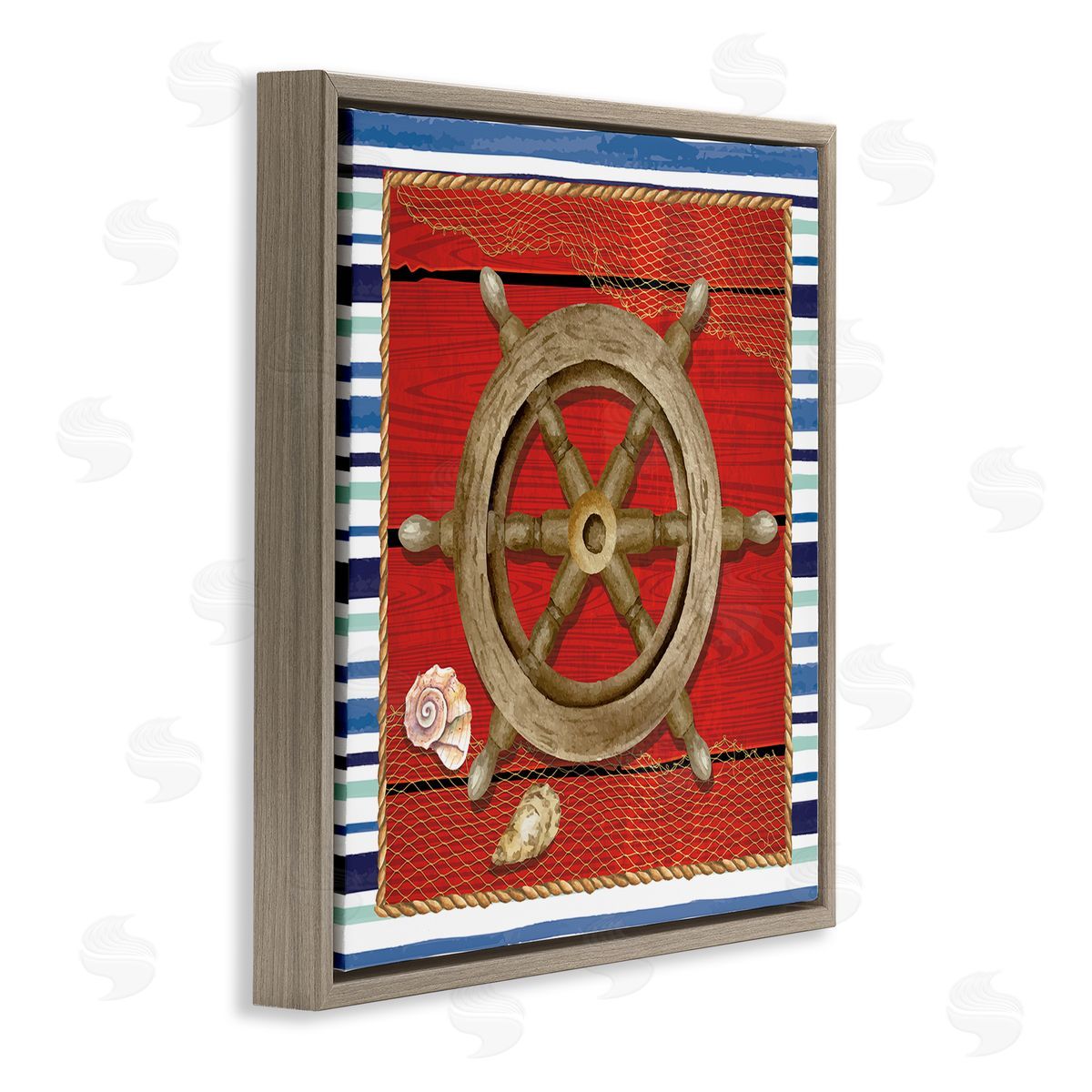 Nicole DeCamp Nautical Boat Helm Striped Maritime Brown Floating Frame Canvas Wall Art Print