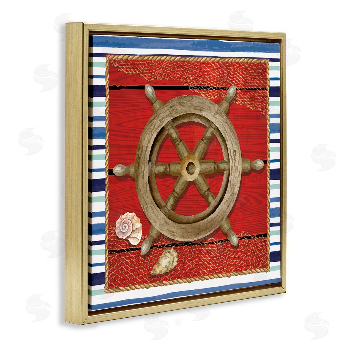 Nicole DeCamp Nautical Boat Helm Striped Maritime Gold Floating Frame Canvas Wall Art Print