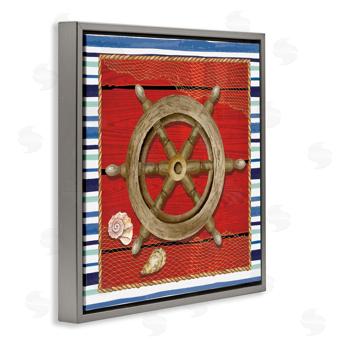 Nicole DeCamp Nautical Boat Helm Striped Maritime Gray Floating Frame Canvas Wall Art Print