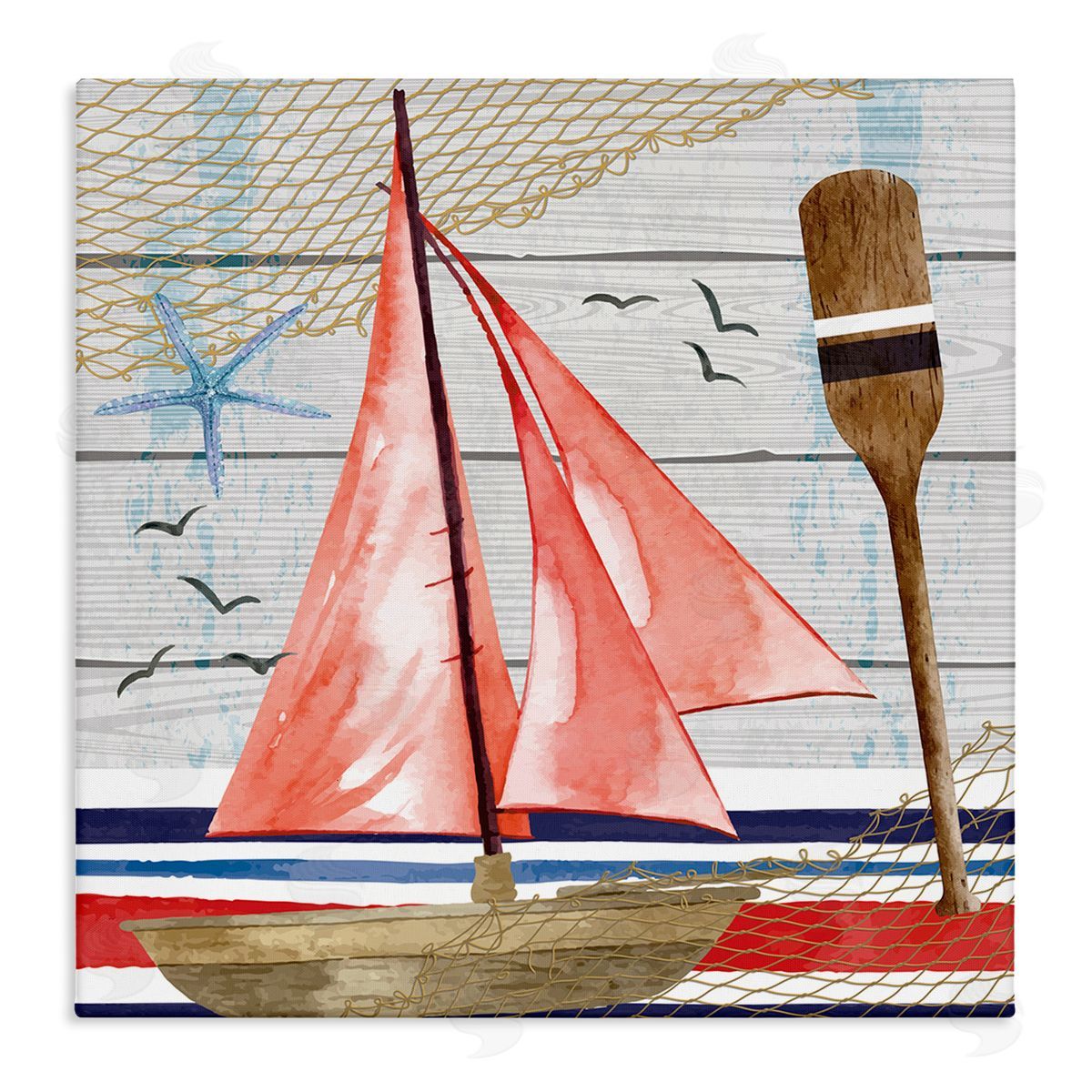 Nicole DeCamp Coastal Plank Pattern Sailboat Stretched Canvas Wall Art Print