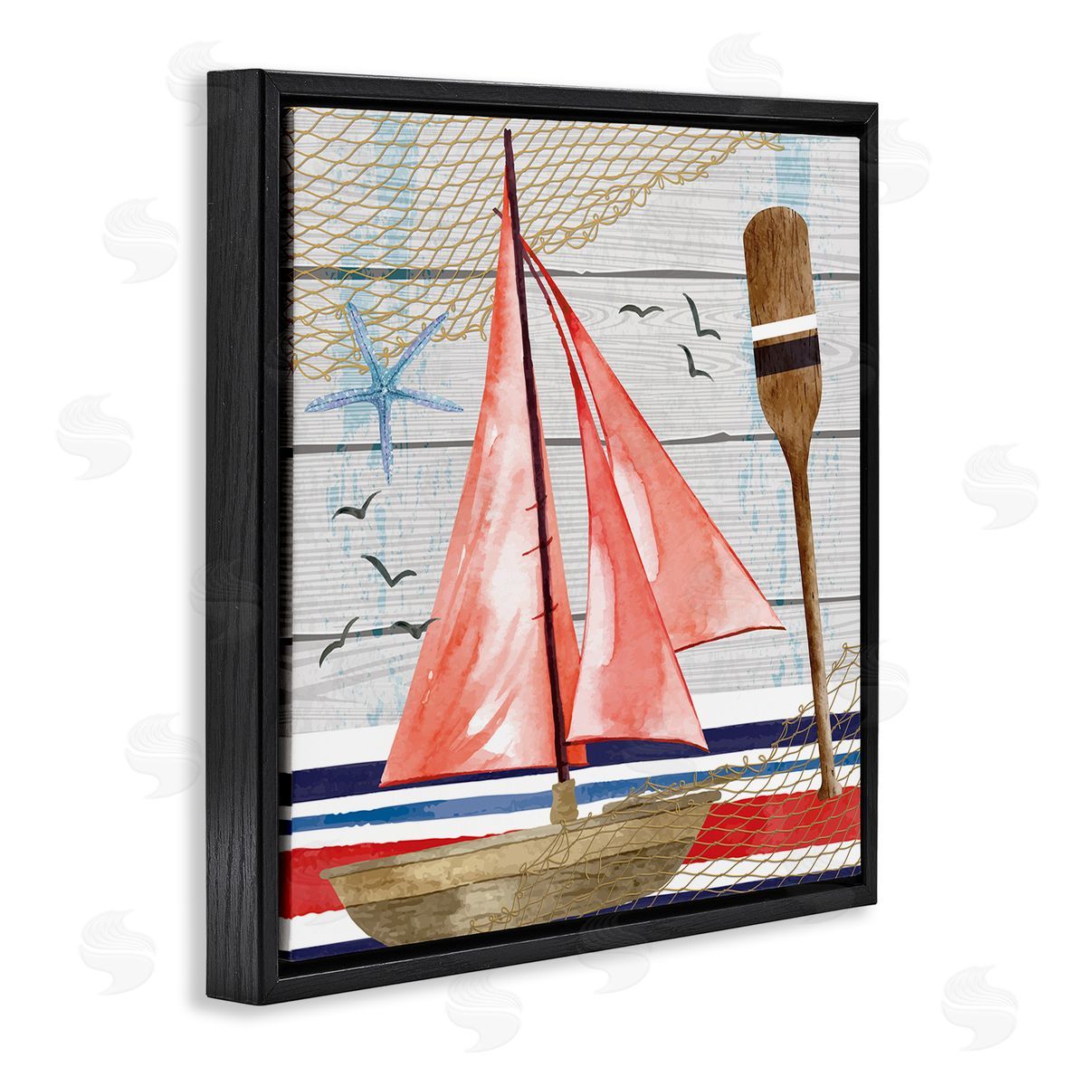 Nicole DeCamp Coastal Plank Pattern Sailboat Black Floating Frame Canvas Wall Art Print
