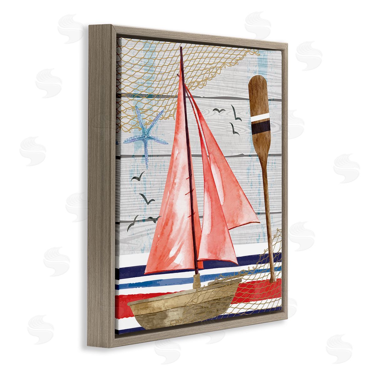Nicole DeCamp Coastal Plank Pattern Sailboat Brown Floating Frame Canvas Wall Art Print