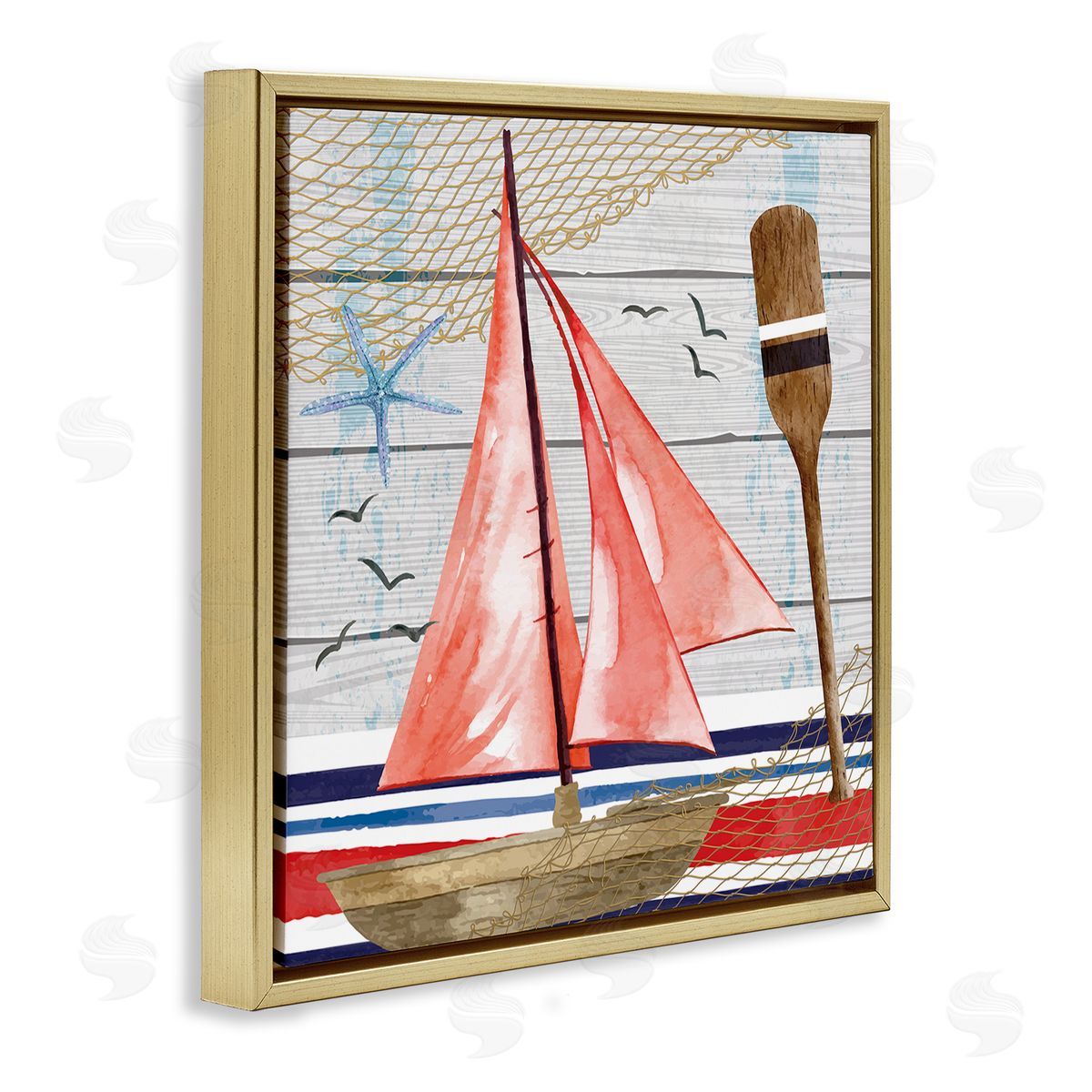 Nicole DeCamp Coastal Plank Pattern Sailboat Gold Floating Frame Canvas Wall Art Print