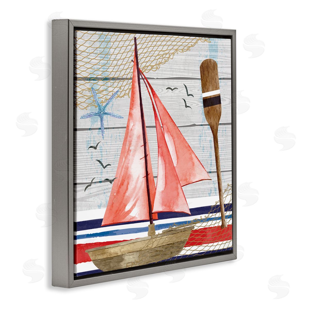 Nicole DeCamp Coastal Plank Pattern Sailboat Gray Floating Frame Canvas Wall Art Print