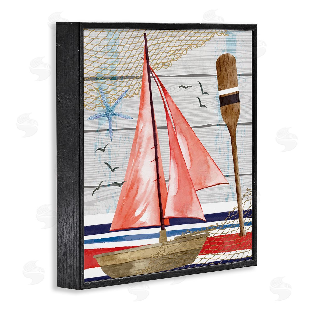 Nicole DeCamp Coastal Plank Pattern Sailboat Black Framed Glicee Wall Art Print