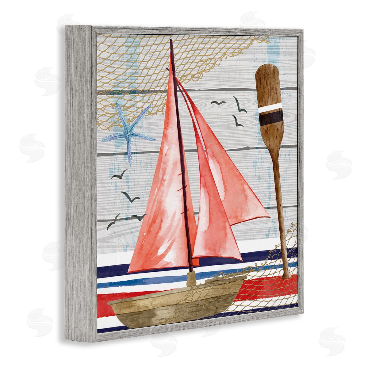 Nicole DeCamp Coastal Plank Pattern Sailboat Gray Framed Glicee Wall Art Print