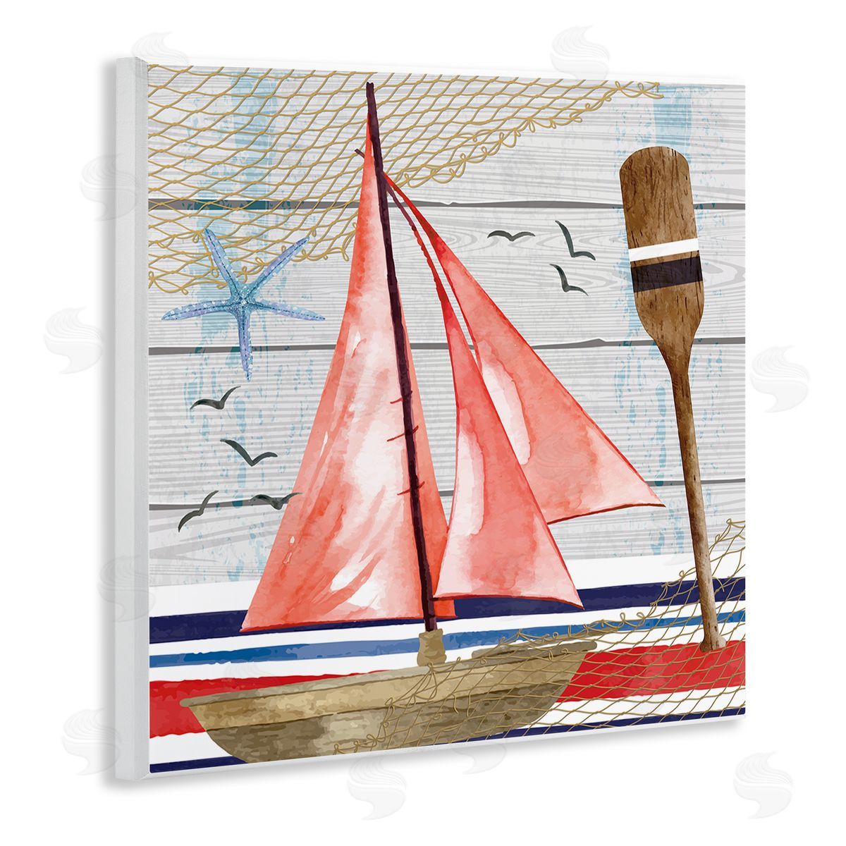 Nicole DeCamp Coastal Plank Pattern Sailboat Wooden Wall Plaque Art Print