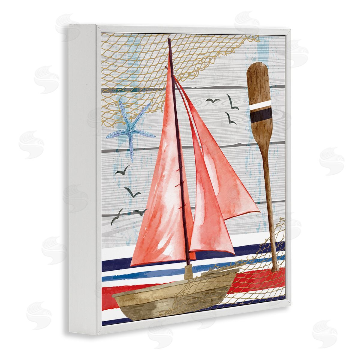 Nicole DeCamp Coastal Plank Pattern Sailboat White Framed Glicee Wall Art Print
