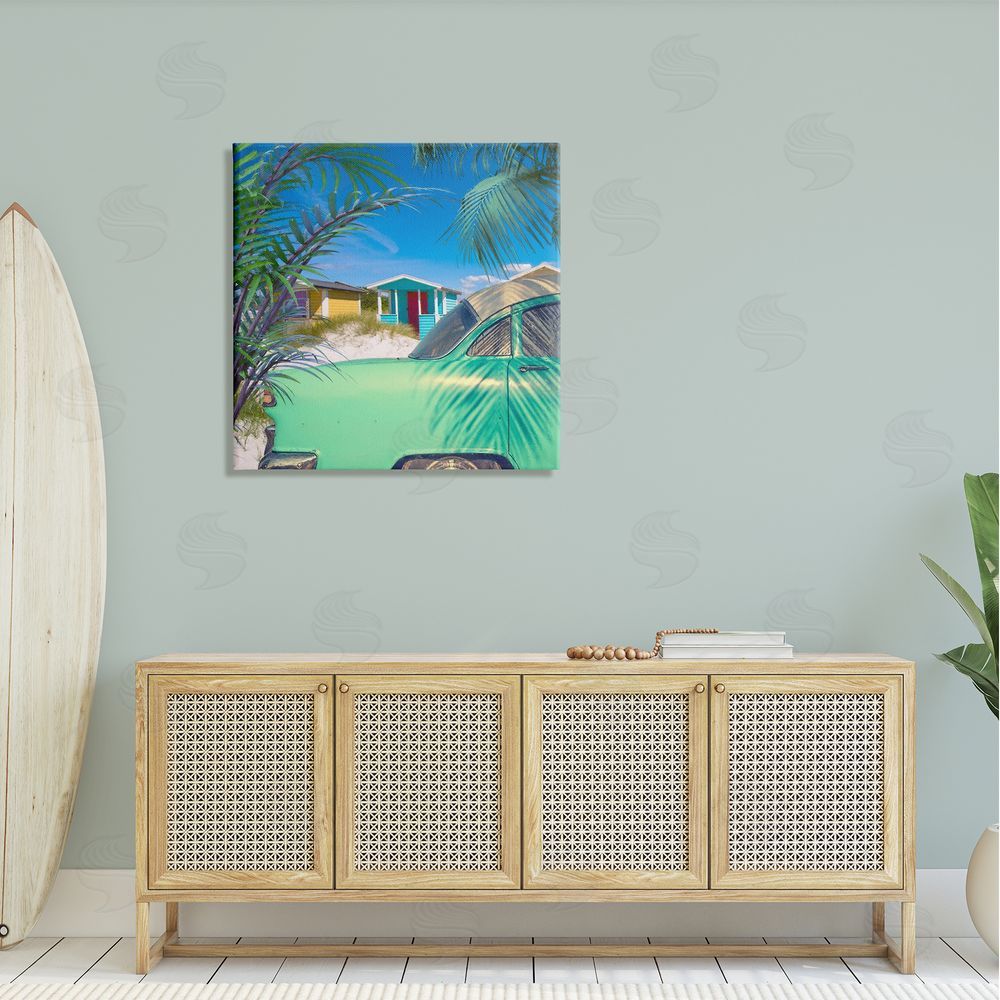 Steve Hunziker Vintage Car Coastal Vacation Cottages Canvas Wall Art in Room