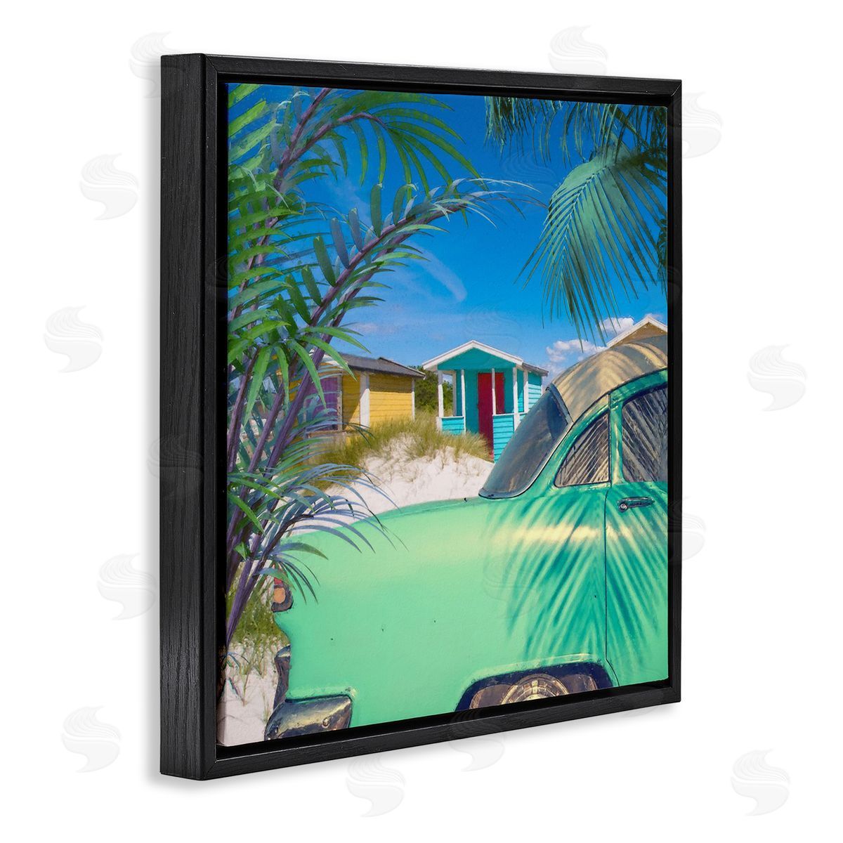 Steve Hunziker Vintage Car Coastal Vacation Cottages Black Floating Frame Canvas Wall Art Print