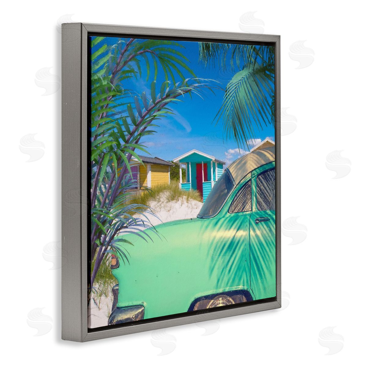 Steve Hunziker Vintage Car Coastal Vacation Cottages Gray Floating Frame Canvas Wall Art Print